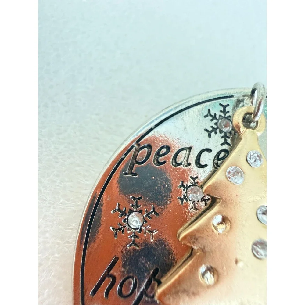 Vintage Christmas Tree Disc Brooch Pin Silver Tone Inspirational Words Rhineston